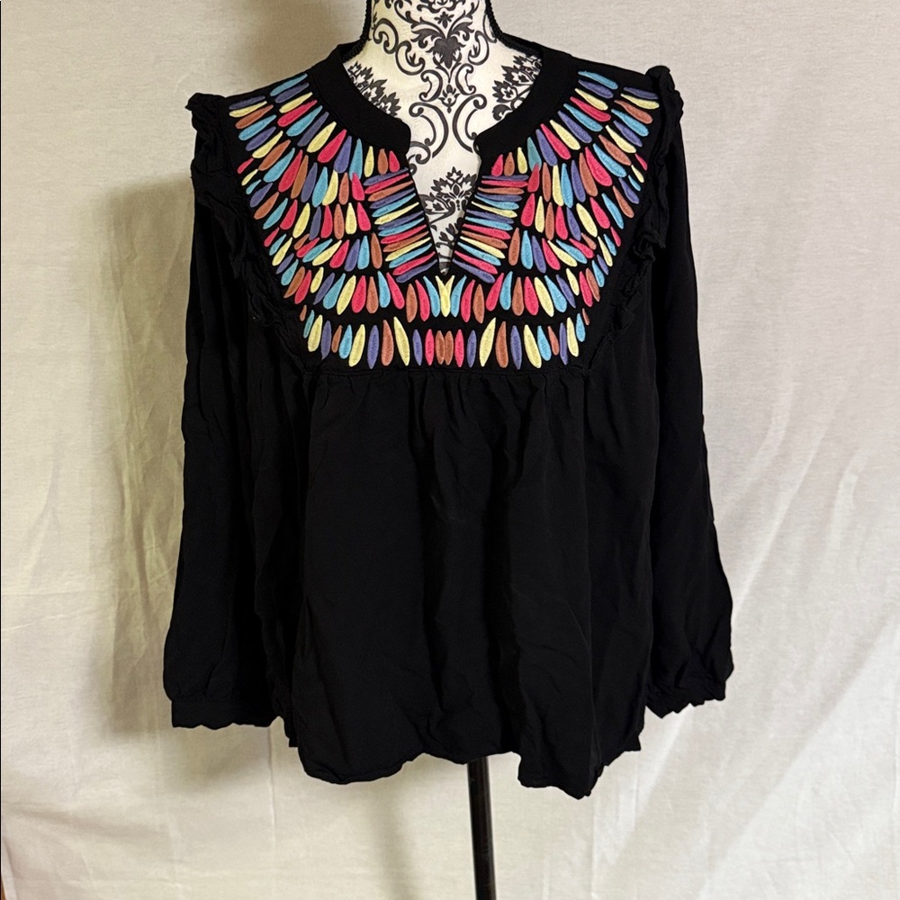 JODIFL Boho Chic V-Neck Embroidered Colorful Peasant Black Blouse Fun Modern 1X